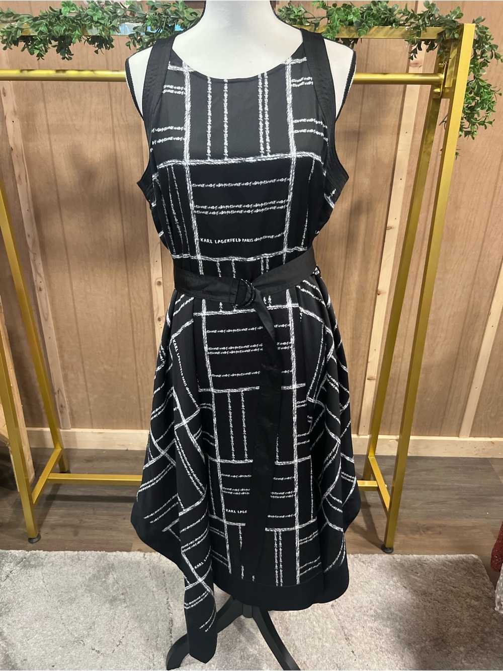 Karl Lagerfeld Black & White Belted A-Line Dress